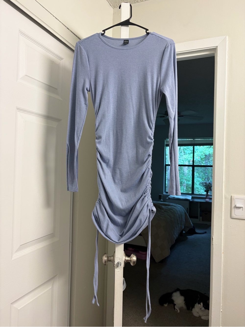 SHEIN Light Blue Long Sleeve Ruched Bodycon Dress